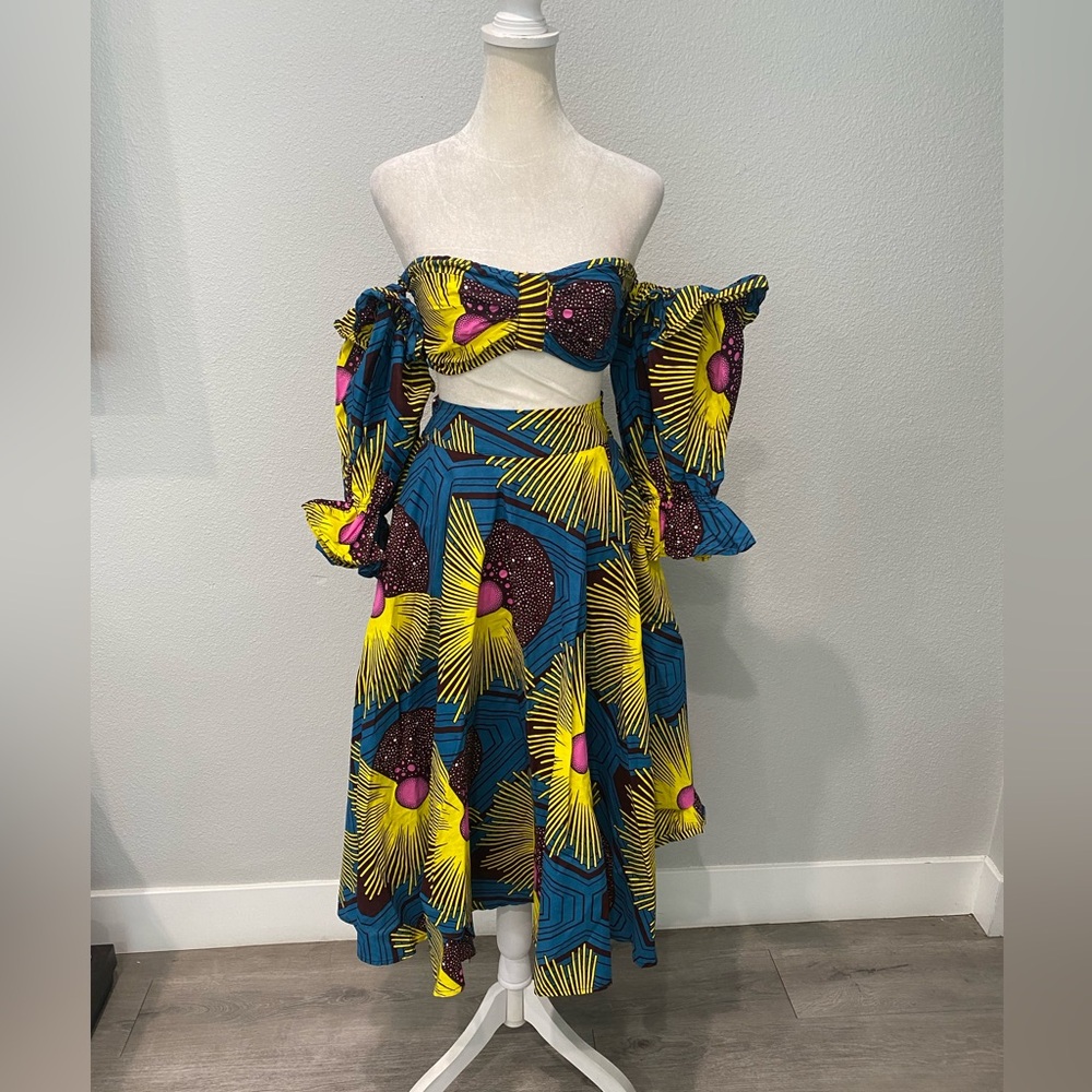 Ofuure African Print Crop Top and Skirt Set Sz S/M